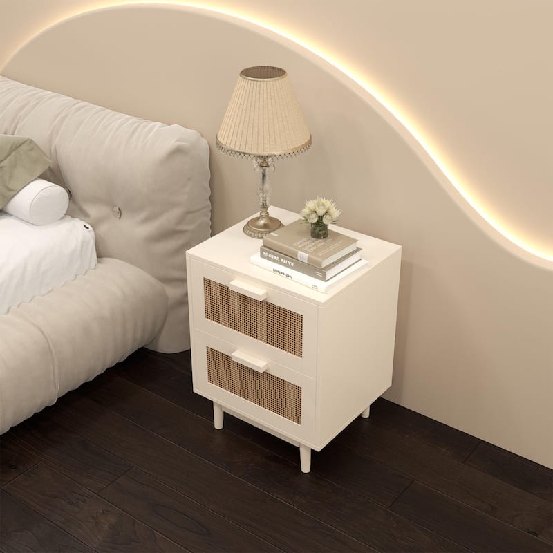 Rattan Nightstand, Wood End Table, Side Table with 2 Faux Rattan-Decorated Drawers for Living Room, Bedroom