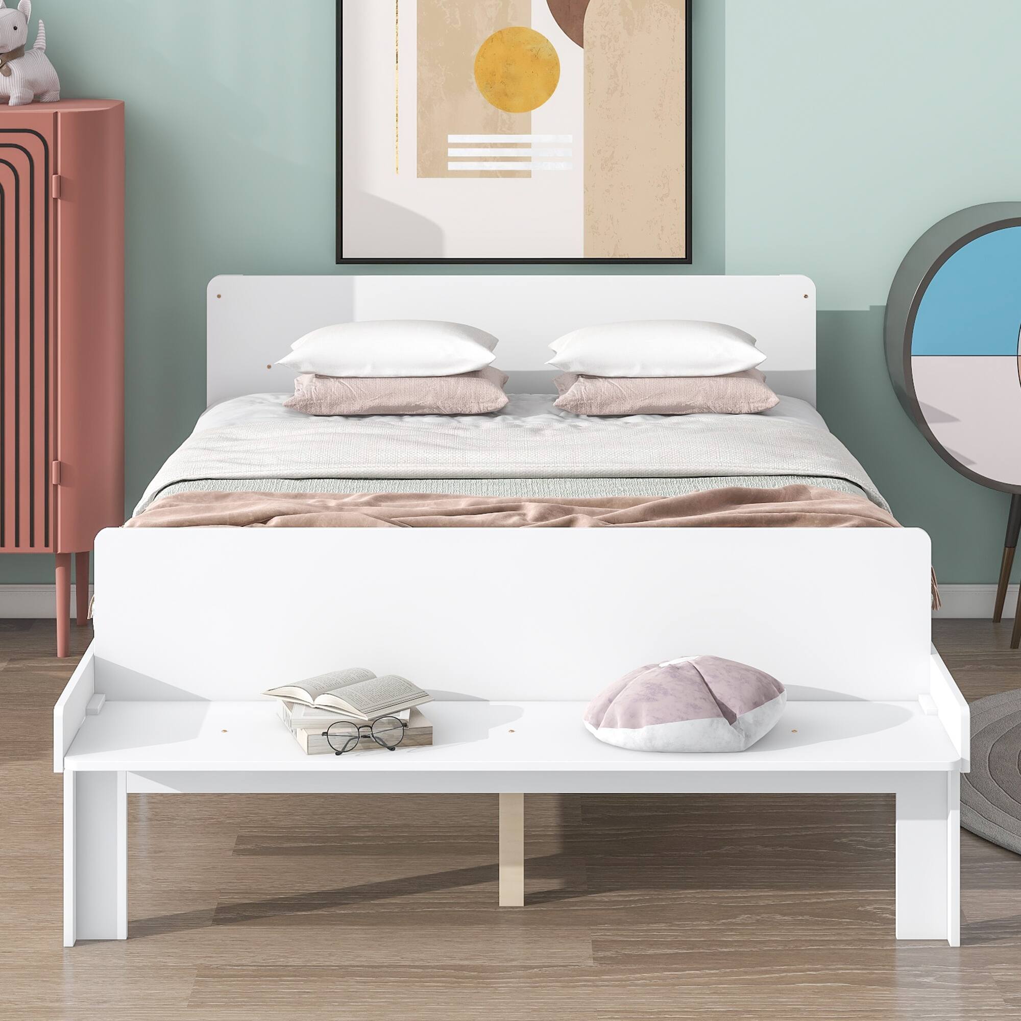 Queen bed with store footboard bench