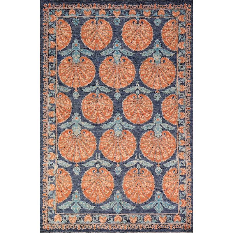 Blue & Orange Ziegler Vegetable Dye Area Rug Hand-Knotted Wool Carpet - 6'2" x 9'5"