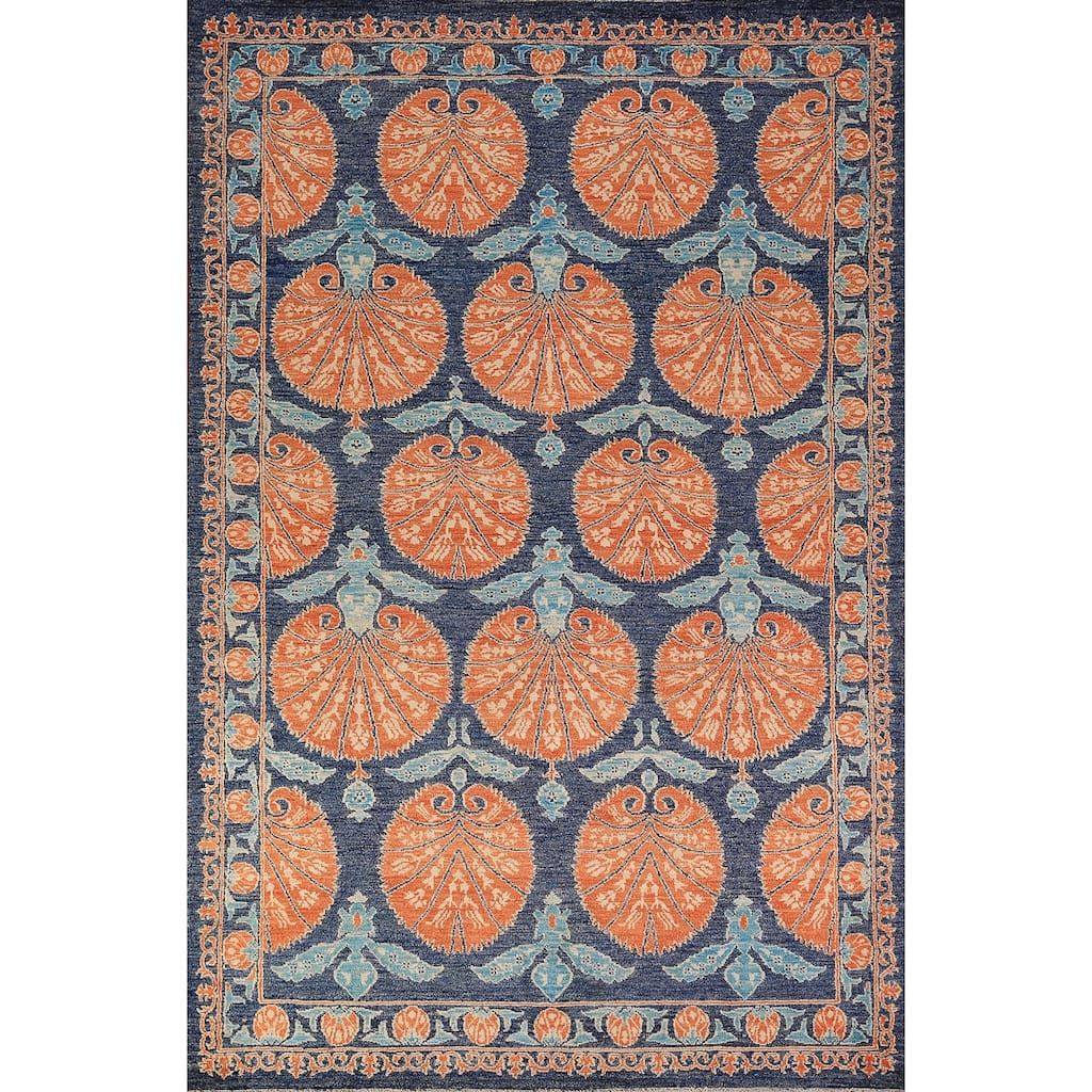 Blue & Orange Ziegler Vegetable Dye Area Rug Hand-Knotted Wool Carpet - 6'2" x 9'5"