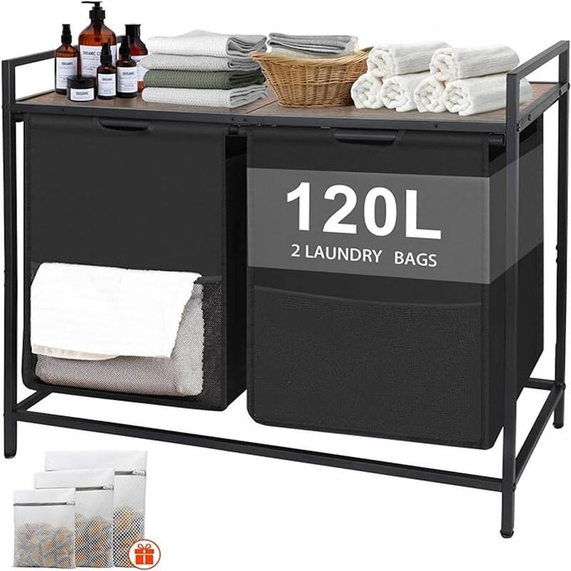 Laundry Hamper with Removable Large Bags, 16 Gal 120L Capacity - 33"L x 13"W x 29"H - 33"L x 13"W x 29"H - Black