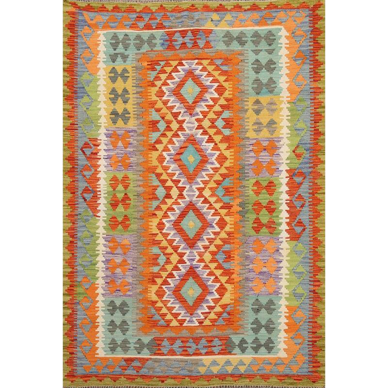 Hand Woven Oriental 100% Wool Carpet Southwestern Geometric Multi-Colored Kilim Area Rug - 6' 8'' X 5' 0''