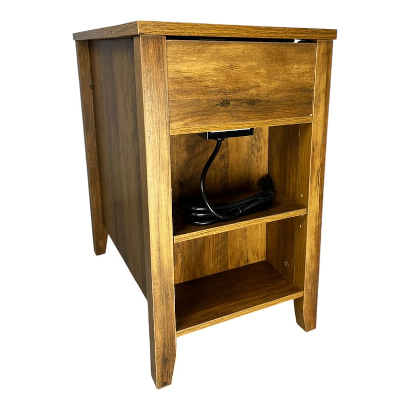 Farmhouse End Table Antique Brown Side Table with Charging Station, Storage Cabinet File Cabinet with Drawer