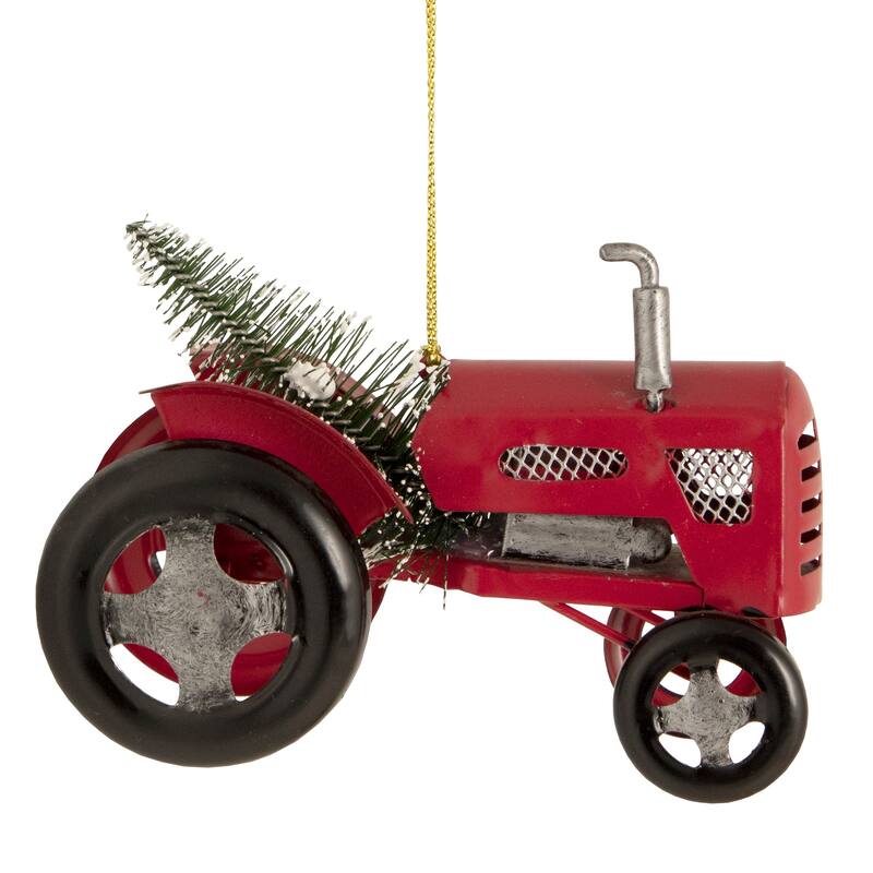 Metal Tractor with Frosted Tree Christmas Ornament - 3" - Red and Silver