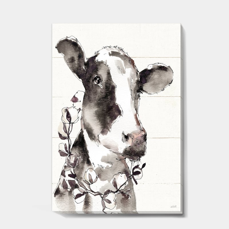 Designart "Cow Portrait Country Life" Wildlife Canvas Art - Grey