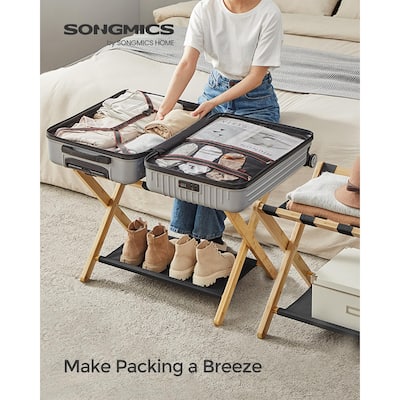 Luggage Rack, Set of 2, Folding Suitcase Stand with Storage Shelf, for Guest Room, Holds up to 131 lb, Natural Beige