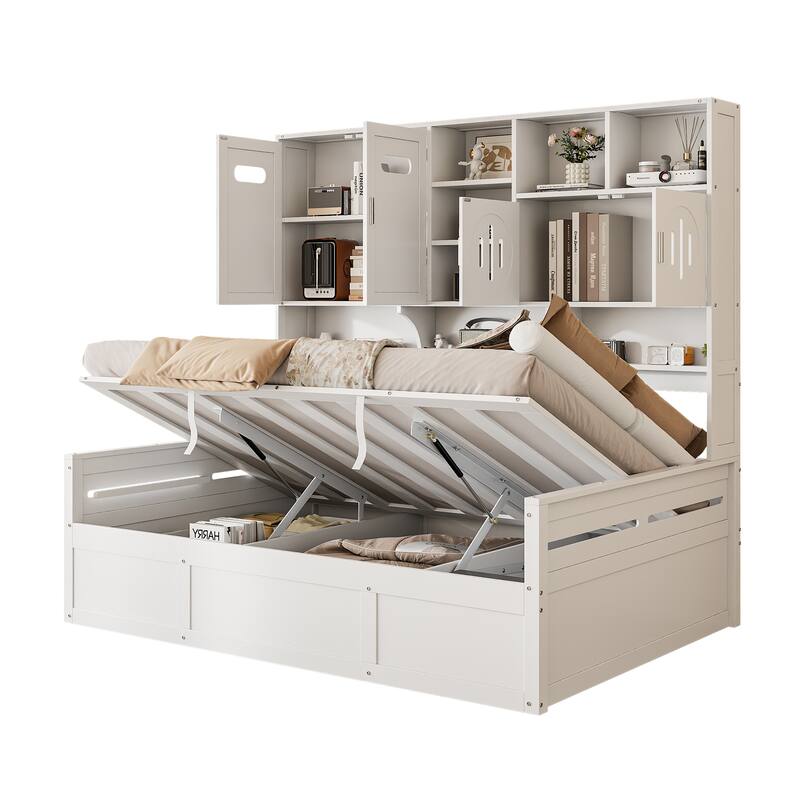 Full Size Bed Frame with All-in-One Bookcase, Full DayBed with Hydraulic Bed, Wood Platform Bed No Box Spring Needed