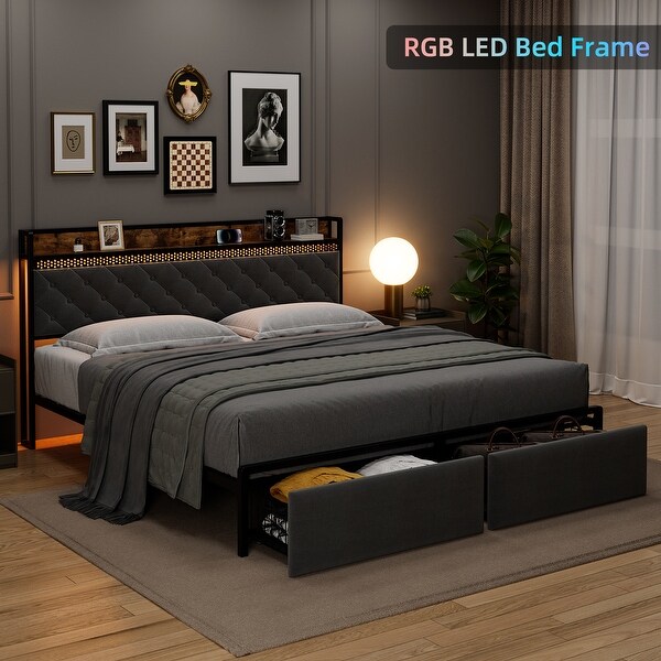 King Bed Frame | LED Lights & Charging | Storage