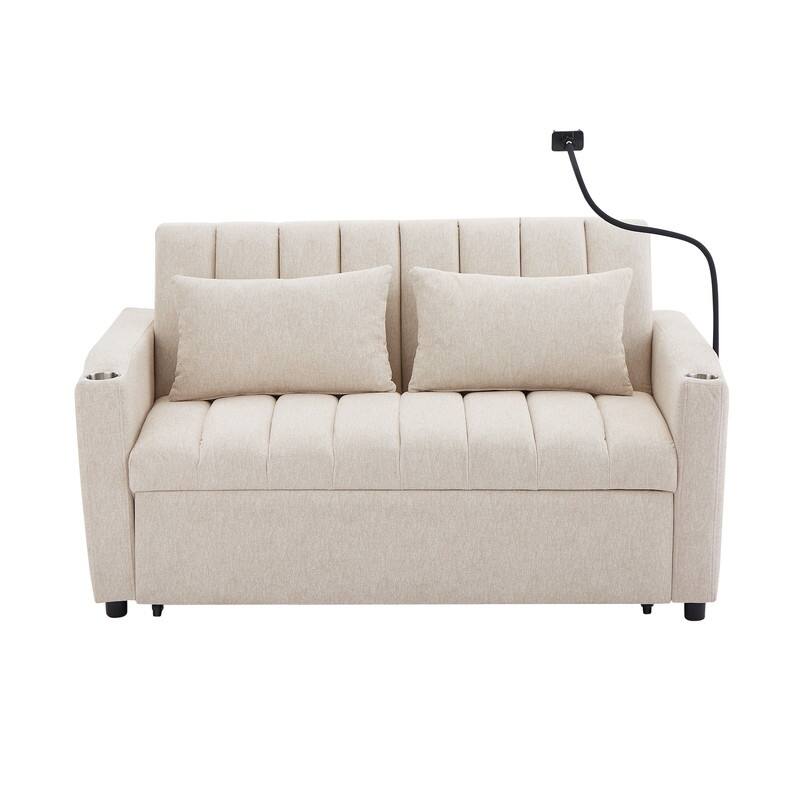 55.9" Convertible Sofa Bed Loveseat Sofa with Three USB Ports, Two Side Pockets, Two Cup Holders and 360°Swivel Phone Holder