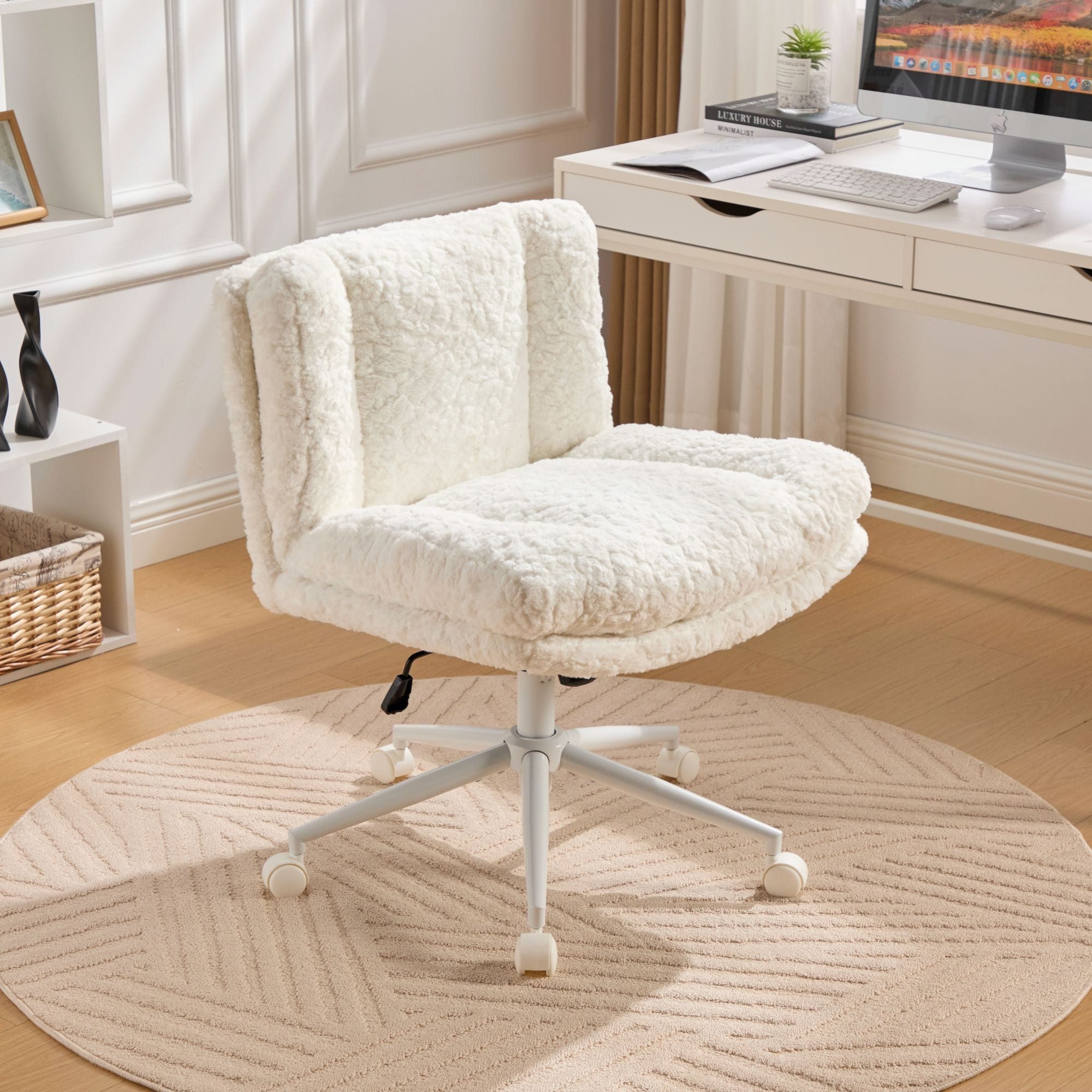 GDFStudio - Extra-Wide Faux Fur Upholstered Swivel Home Office Chair with Metal Base with 26.4" Oversized Seat