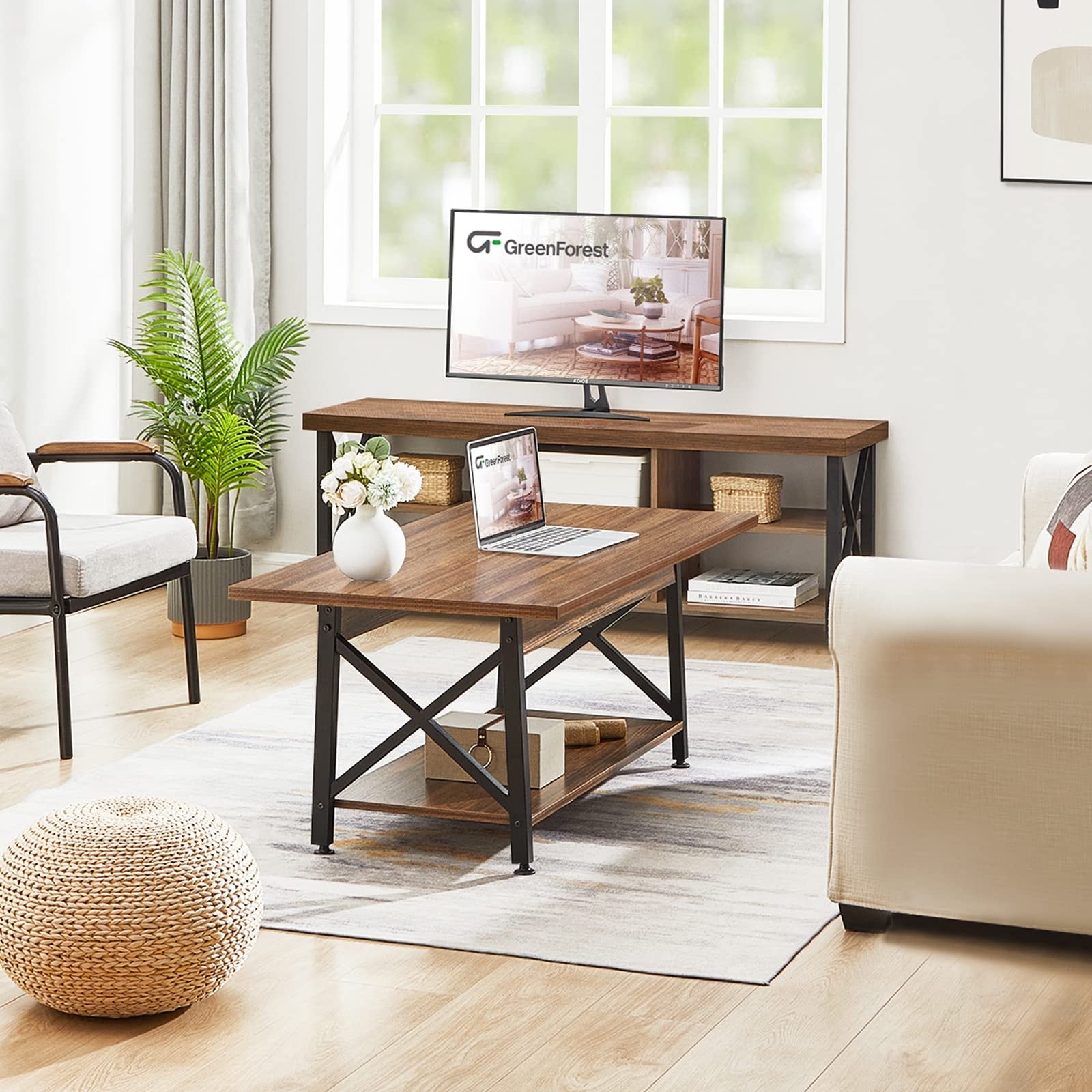 GreenForest Coffee Table Large 43.3 x 23.6 inch Farmhouse Rustic with Storage Shelf for Living Room Easy Assembly Walnut