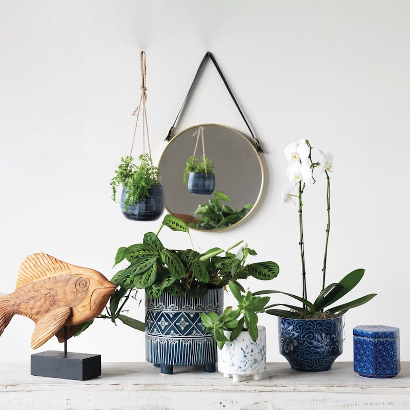 Stoneware Footed Planter with Splatter Design, White & Blue (Holds 5" Pot)