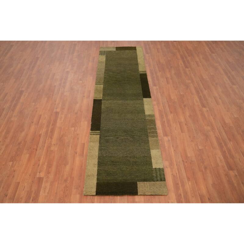 Hand Knotted Oriental 100% Wool Carpet Modern Solid Green Gabbeh Runner Rug - 9' 10'' X 2' 10''
