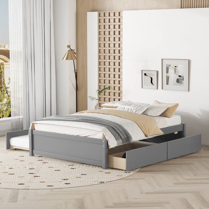 Solid Wood Captain Bed with Trundle and Drawers - Full Size Bed with Modern Design