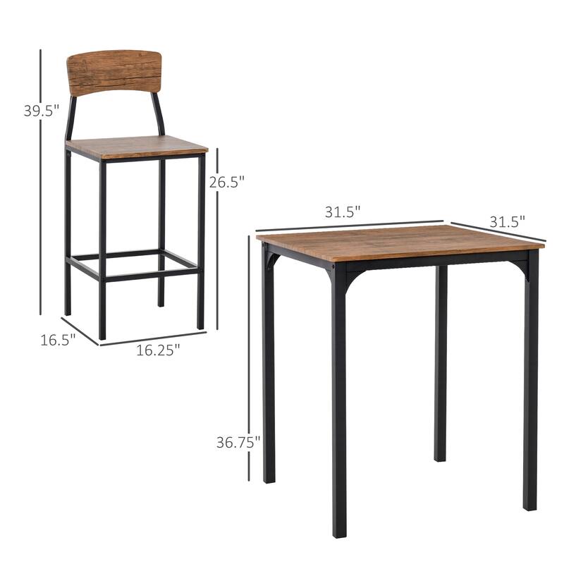 Modern 3-Piece Dining Set with Square Counter Height Bar Table & 2 Black Steel Footrest Open Back Chairs