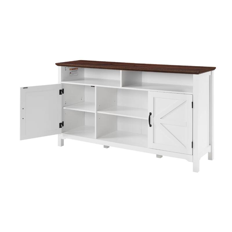 Homy Casa Farmhouse Sideboard Buffet Cabinet, Hinged Barn Doors, White 58''