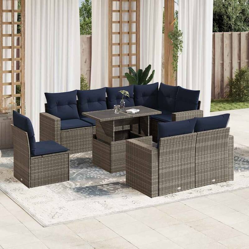 vidaXL Patio Sofa Set with Cushions and Table Outdoor 9 Piece Poly Rattan - Gray without storage