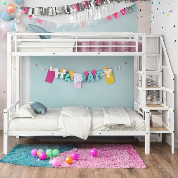 slide 2 of 12, White Twin over Full Platform Beds with Storage Stairway, Metal Frame Bunk Bed with Wardrobe