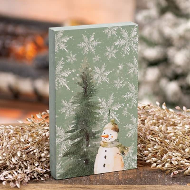 Sage Green Wood Winter Forest Snowman Block Decorative Figurine for Tabletop - 5” L X 1” W x 8.50” H