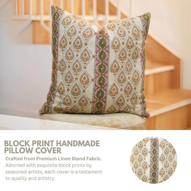 Fabdivine Sustainable Floral Cushion Cover Farmhouse or Boho Fall or Home Throw Décor Mustard Pillowcase 26x26 Inch, Paan Patti