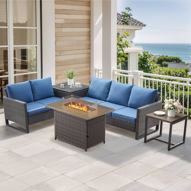 Gymojoy 5 Piece Wicker Outdoor Patio U-shaped feet Conversation Set Group , Include Fire Pit Table