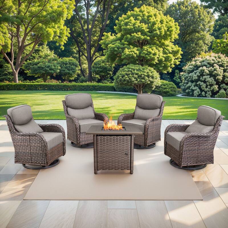 Pocassy 5 Pieces Outdoor 6" Swivel Chairs with Fire Pit Table - Brown Wicker - Gray cushion