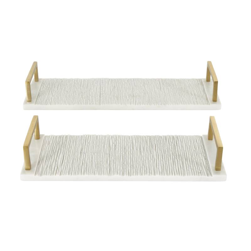 Marble Textured Living Room Decor Tray with Gold Handles - Set of 2 White - Roche River Decor