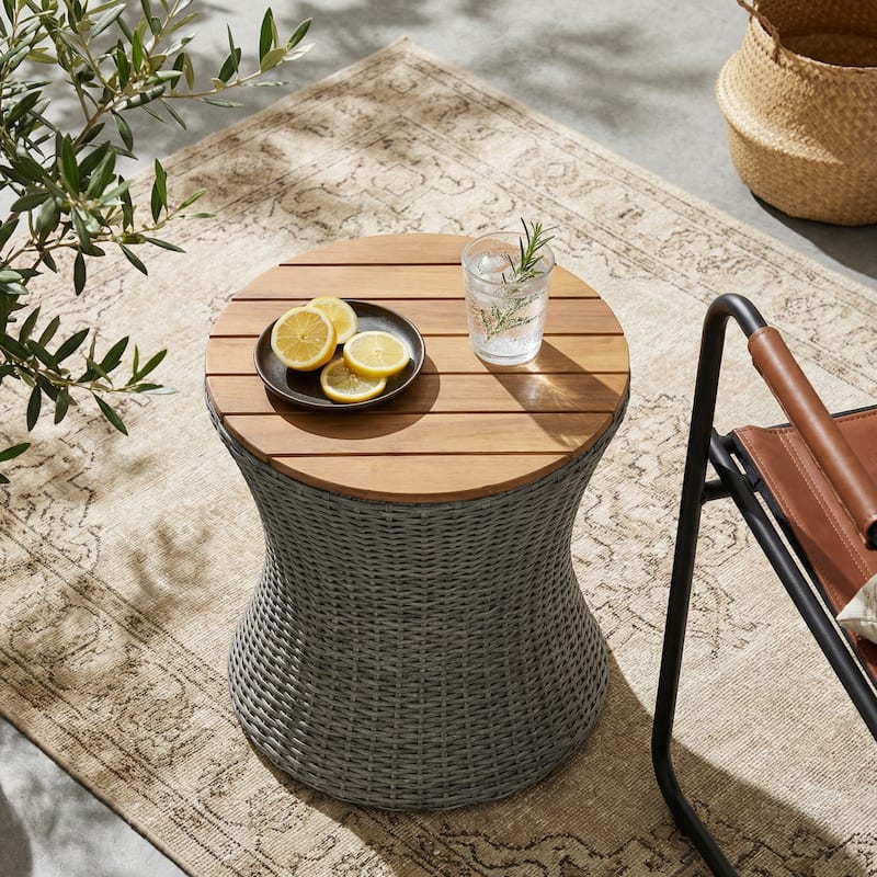 Christopher Knight Home - Modern Outdoor Wicker Side Table with 17.5" Round Acacia Wood Top - Grey