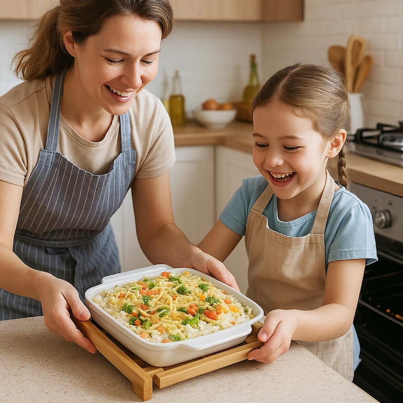 Creative Home Grand Buffet Stoneware Square Baking Dish with Bamboo Cradle