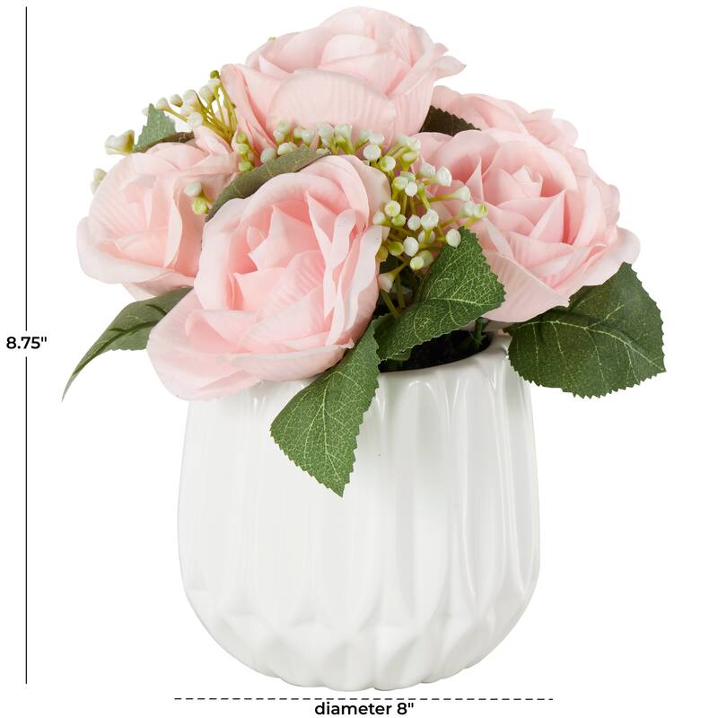 Pink Fabric Artificial Flower with Green Leaves and Round Ceramic Vase