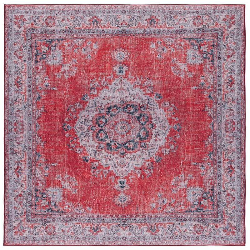 SAFAVIEH Tucson Machine Washable Slip Resistant Mame Traditional Rug - 6' Square - Red/Beige