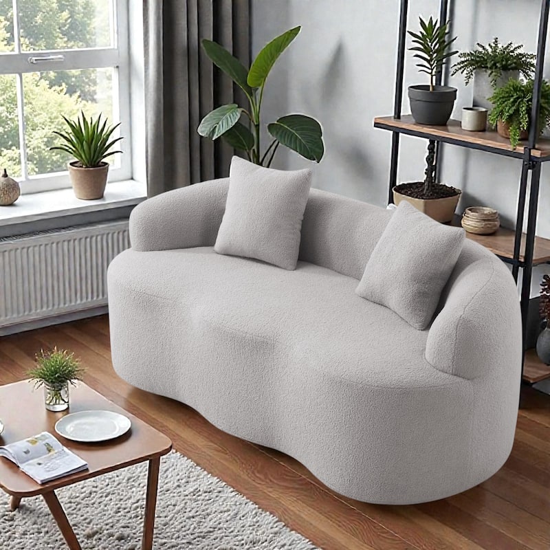 Curved Loveseat Sofa with Round Armrests, Compression Couch with 2 Pillows, Cream No Assembly Sofa