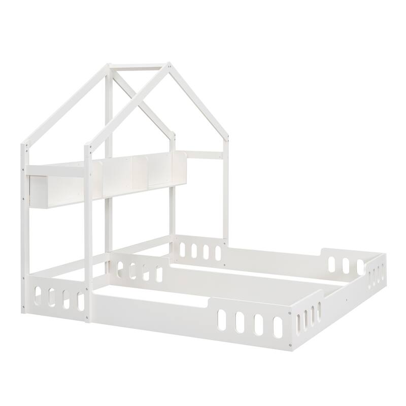 Roomfitters Wood Twin Size House Platform Beds with Two Shared Frames, Shelves and Guardrail, White