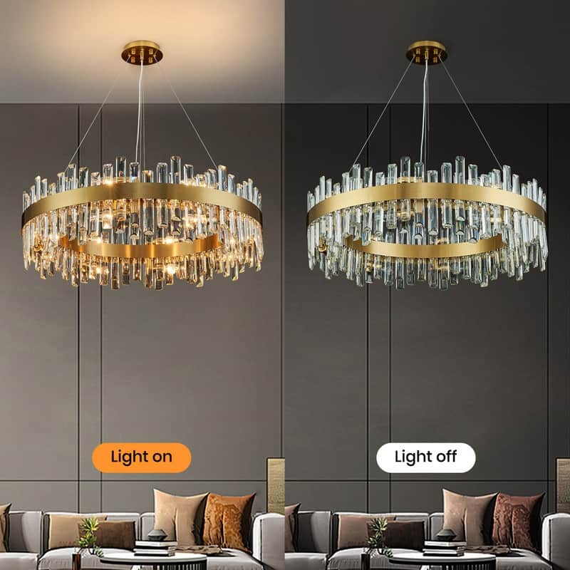 32 in. 2-Tier Modern Crystal Chandelier Brass Gold Round Crystal Raindrop Chandelier Contemporary Pendant Light for Dining Room