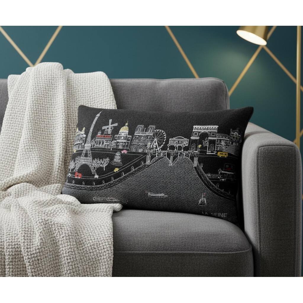 HomeRoots 14" X 24" Dark Gray And White Paris Nighttime Skyline Lumbar Decorative Pillow