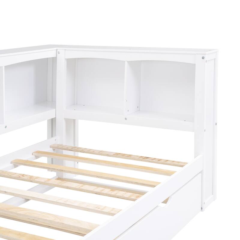 White Twin Size Daybed with Trundle and L Shaped Bookcases, Twin