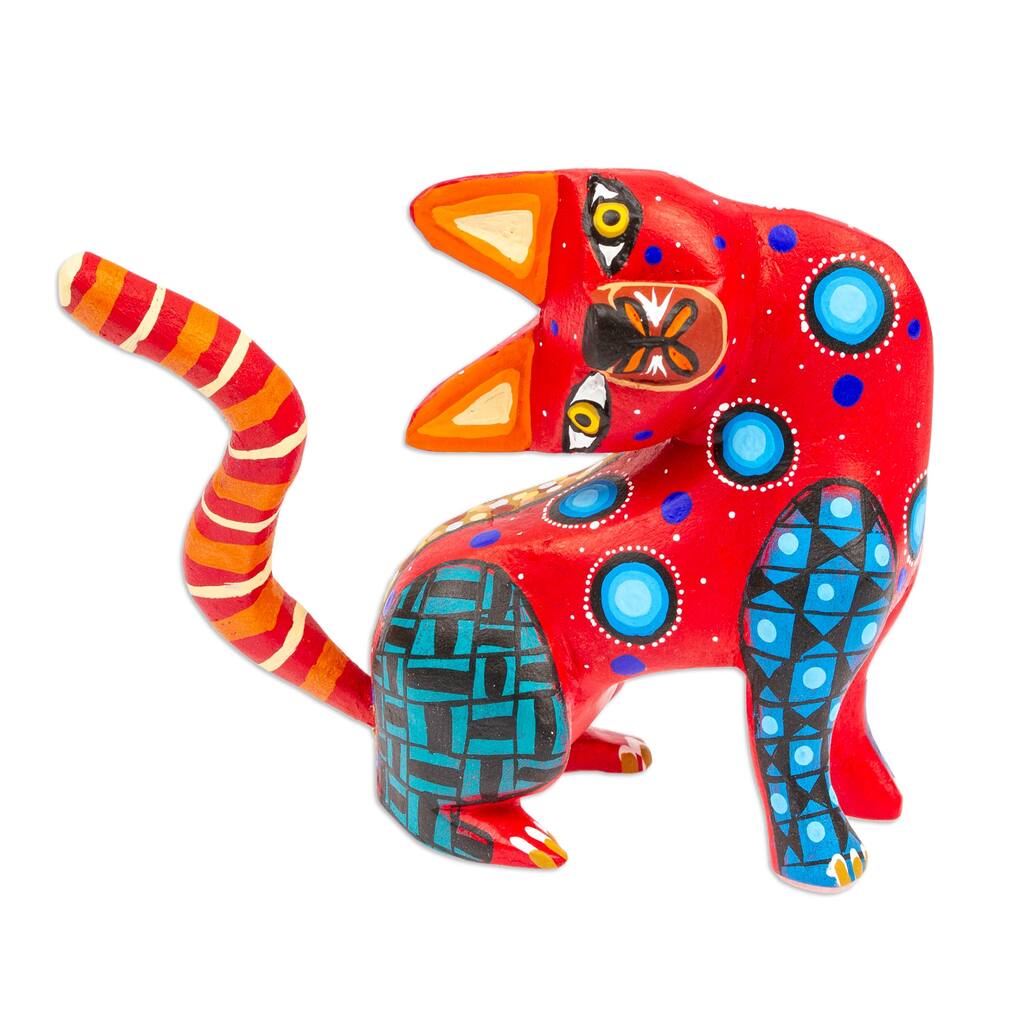 Novica Handmade Crimson Feline Questions Wood Alebrije Figurine