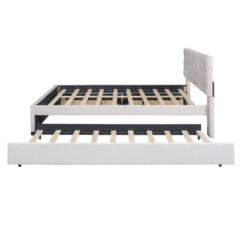 Linen Upholstered Platform Bed with Trundle and 2 Drawers, Storage Bed Frame with Brick Pattern Headboard Wooden Slats Supproted