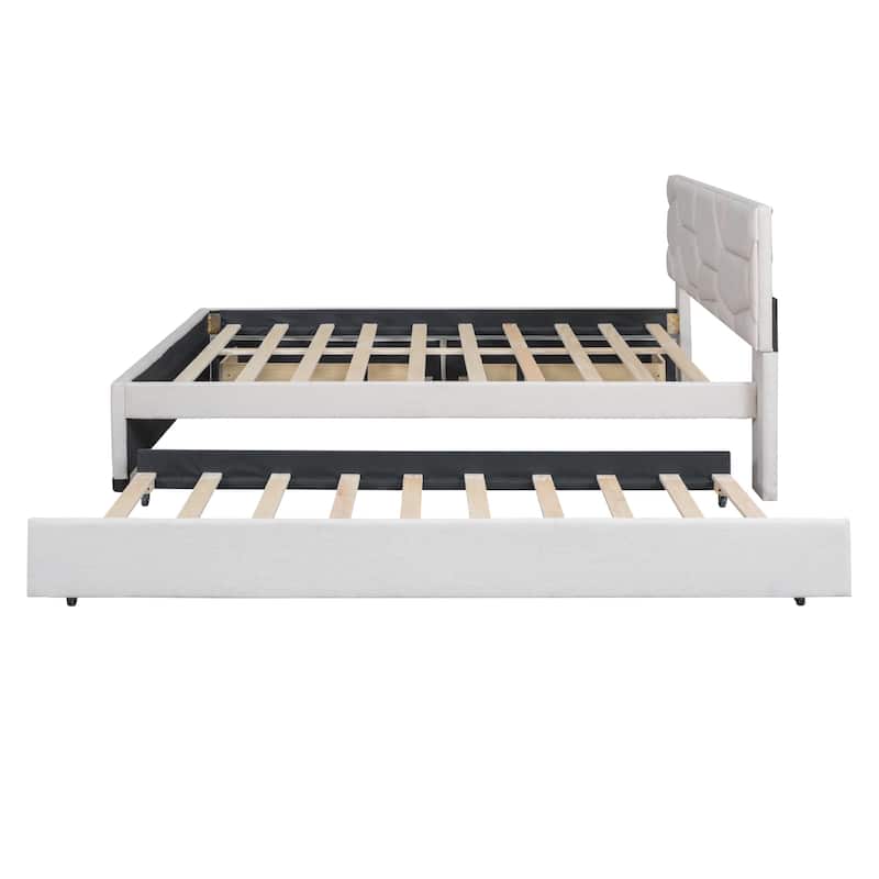 Queen Size Upholstered Platform Bed with Brick Pattern Headboard, with Twin XL Size Trundle Bed Frame and 2 Storage drawers