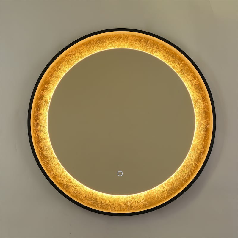 Evari 30 IN. Mid Century Modern Round Gold Leaf LED Bathroom Vanity Mirror Dimmable Makeup Light - Dia.30" x H1.5"