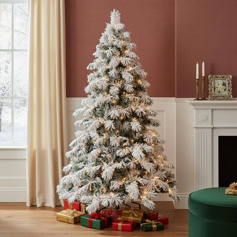 HomeRoots 8' Pre Lit Full Flocked Pine Christmas Tree - Green - 60.00 in. x 96.00 in. x 60.00 in. - Green - 8 Foot