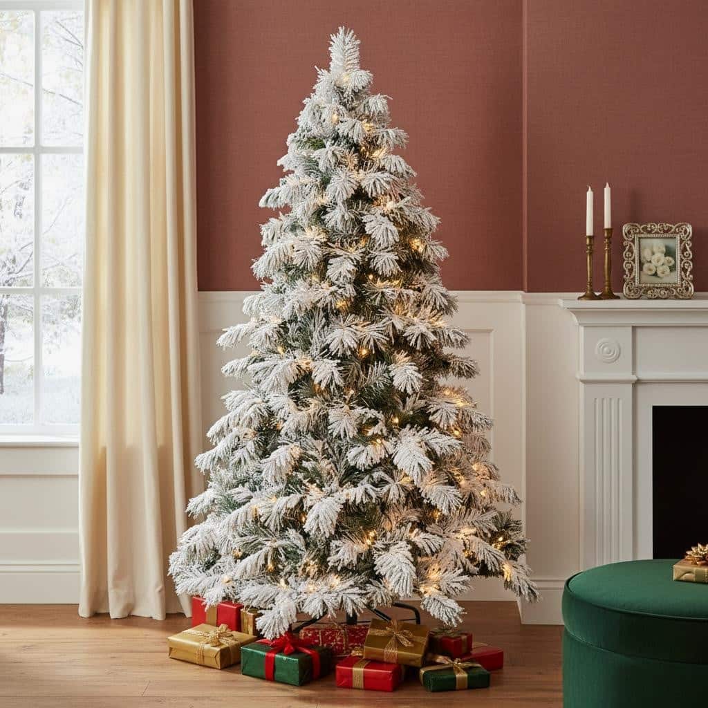 HomeRoots 8' Pre Lit Full Flocked Pine Christmas Tree - Green - 60.00 in. x 96.00 in. x 60.00 in.