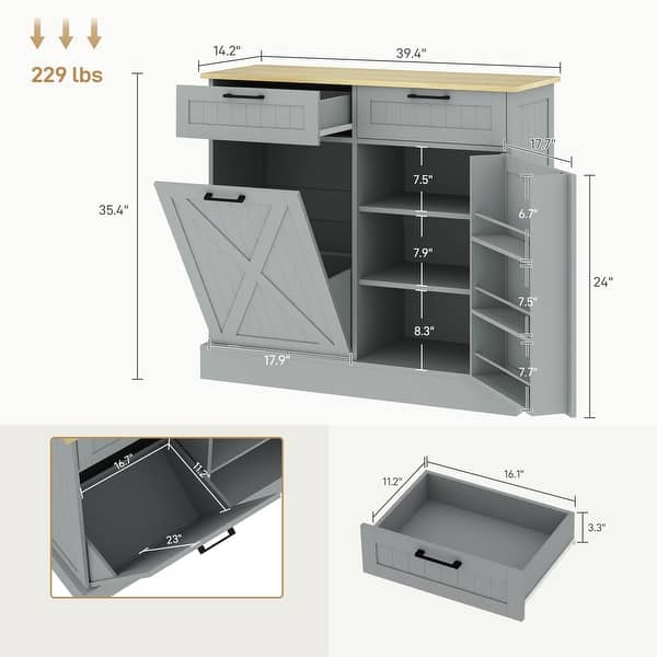 dimension image slide 0 of 3, HOMCOM Tilt Out Trash Can Cabinet, Farmhouse Kitchen Cabinet with Hidden Trash Can and 2 Drawers for Laundry Room, Pantry