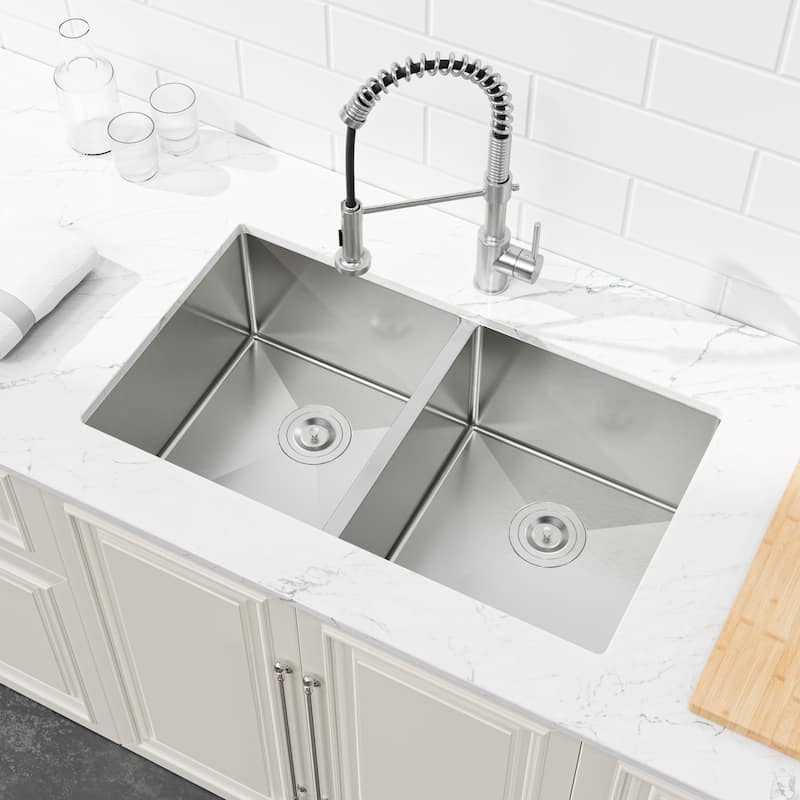 Embedded Double Bowl Kitchen Sink, Undermount Handmade Sink in Brushed (Sink only)
