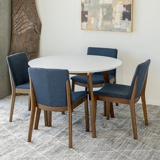 Colette 5-Piece Mid-Century Modern Dining Set with 4 Linen Dining Chairs in Blue