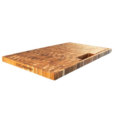 EcoDecors Extra Large Solid Teak Butcher Block 34 x 20 End Grain Cutting Board with Juice Groove, Waste Slot, Integrated Handles