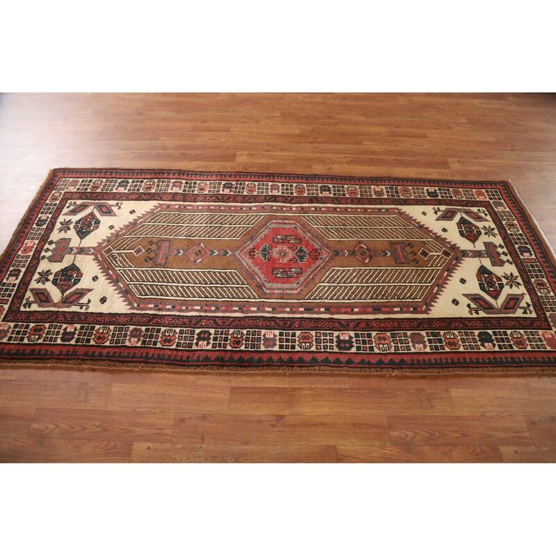 Brown Ardebil Persian Runner Rug Handmade Vintage Wool Carpet - 3'2"x 6'11"