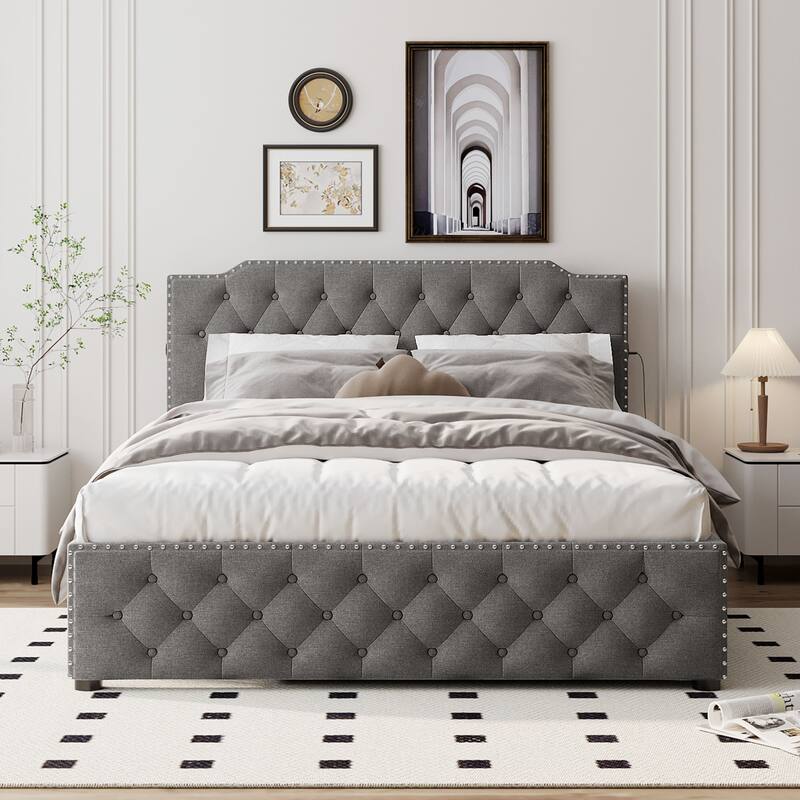 Linen Upholstered Platform Bed Button-Tufted Headboard Wood Panel Bed Frame with 2 Drawers or Trundle Bed, USB on Both Sides