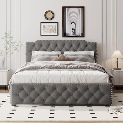 Queen Linen Upholstered Platform Bed w/ Twin Trundle, 2 Sets of USB Ports on Each Side, Button-Tufted Headboard, Wood Bed Frame