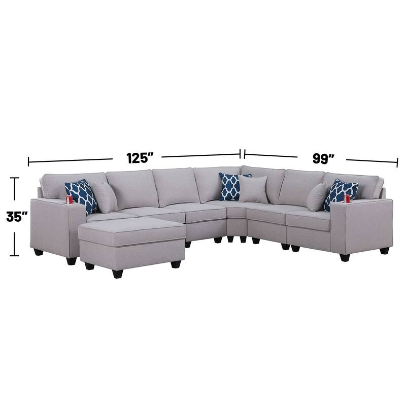7 Piece Upholstered L-Shape Sectional Sofa with Ottoman in Light Gray